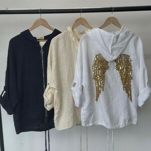 Puro Lino Italian Linen Zipper Jacket with Sequins Angel Wings